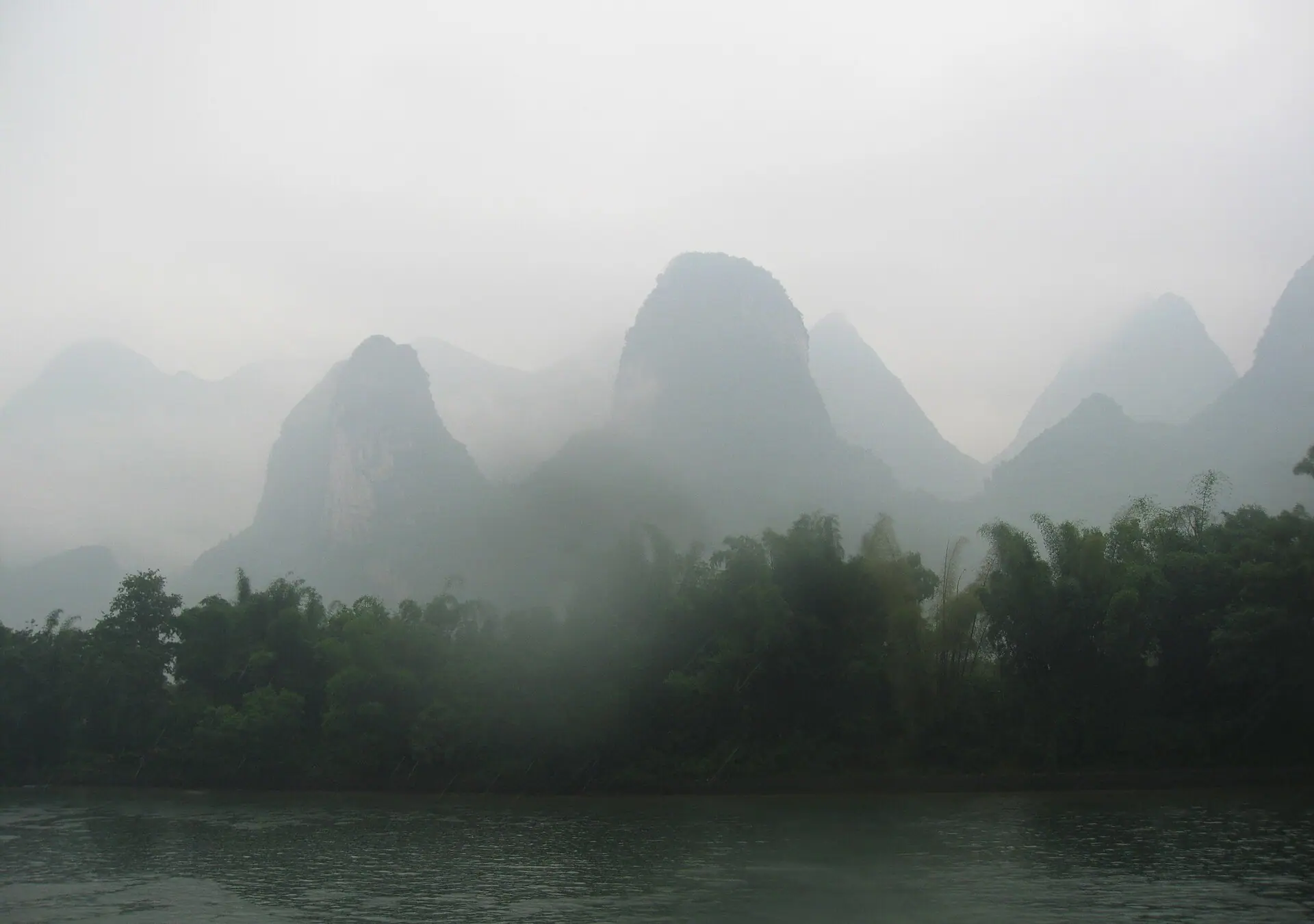 Li River karst peaks rising from the water near Guilin, Guangxi