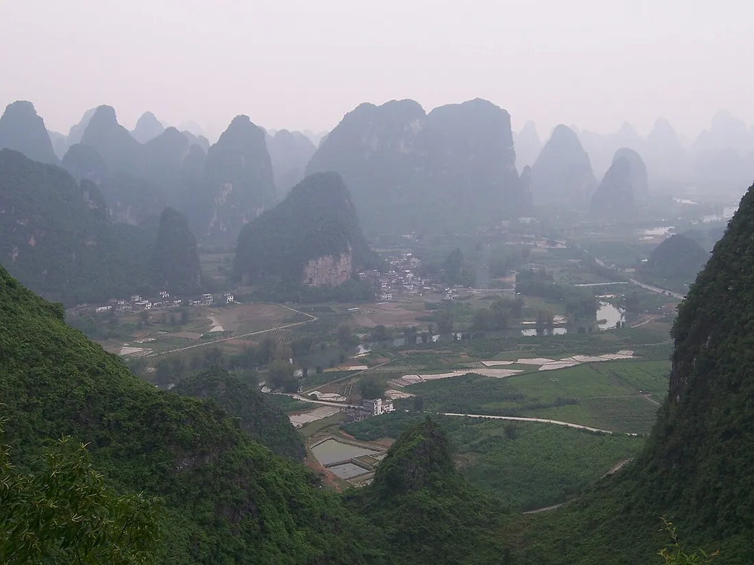 Yangshuo villages and fields between the karst peaks