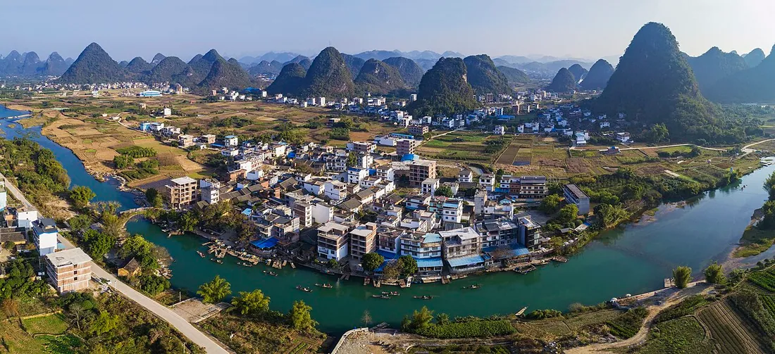 Yangshuo countryside seen from above, explored by scooter or bicycle